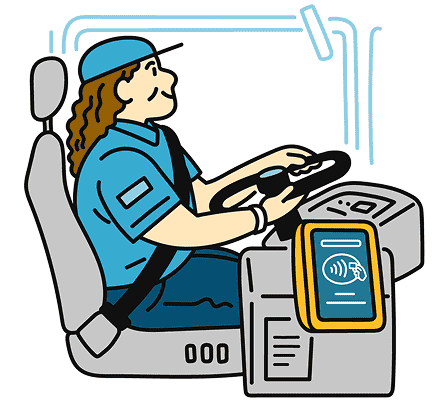 A bus driver operates a vehicle transmitting real-time data.